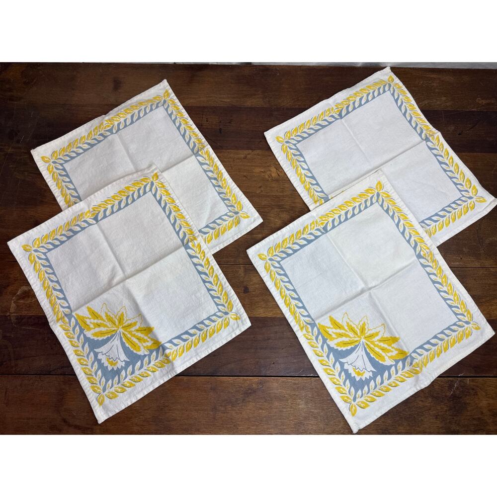 Vintage Set Of Napkins Cotton Canvas Yellow, Blue, White Printed Floral Pattern